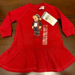 Ralph Lauren Toddler Girls Polo Bear Ski Fleece Dress Red Size 6M NWT